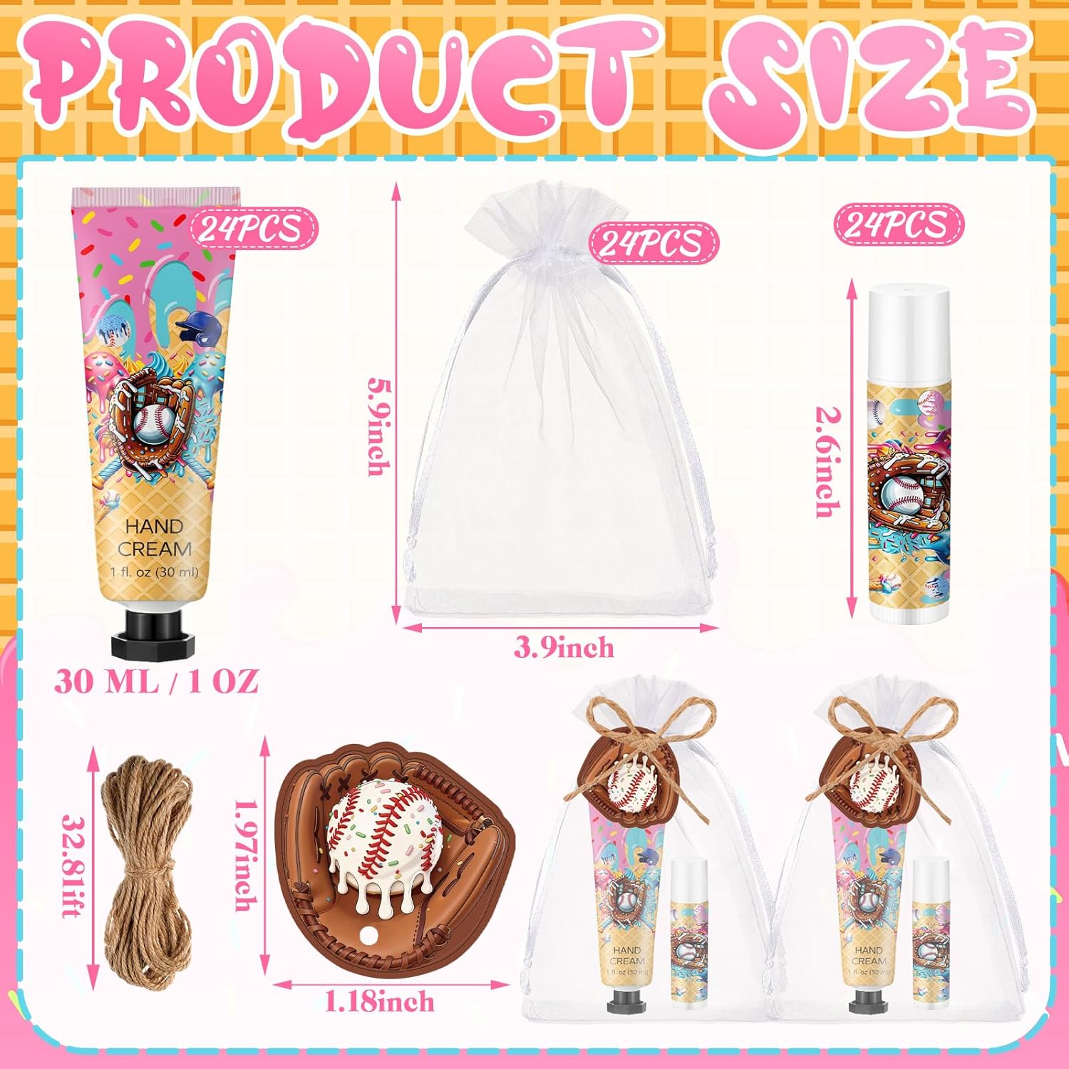 Lounsweer 24 Sets Ice Cream Drip Baseball Hand Cream and Lip Balm Gift Baseball Party Favors Goodie Bag Stuffers Team Gifts Birthday Party Favors for Teen Adults