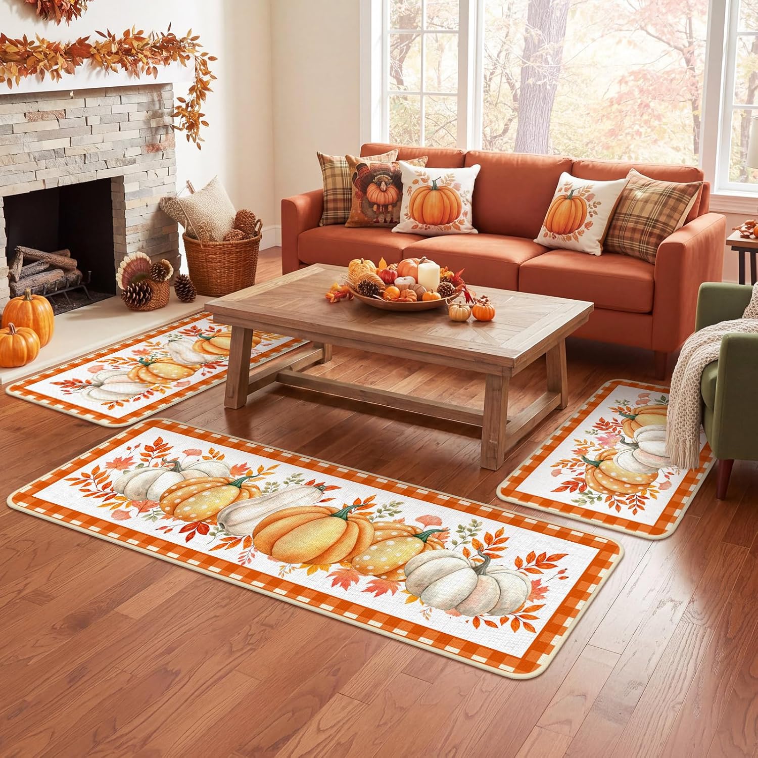 Fourluoo 3 Piece Fall Pumpkin Kitchen Rugs Non Slip Fall Floor Mats