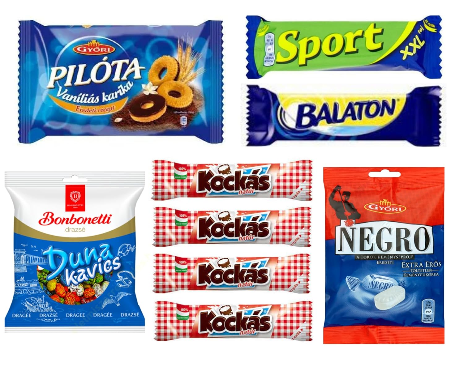 Hungarian Sweet Snacks Variety Pack| 1 x Pilota Vanilla Rings, 1 x Sport Szelet XXL, 1x Balaton Szelet, 1 x Duna Kavics, 4x Turo Rudi, 1x Negro Menthol Hard Candy