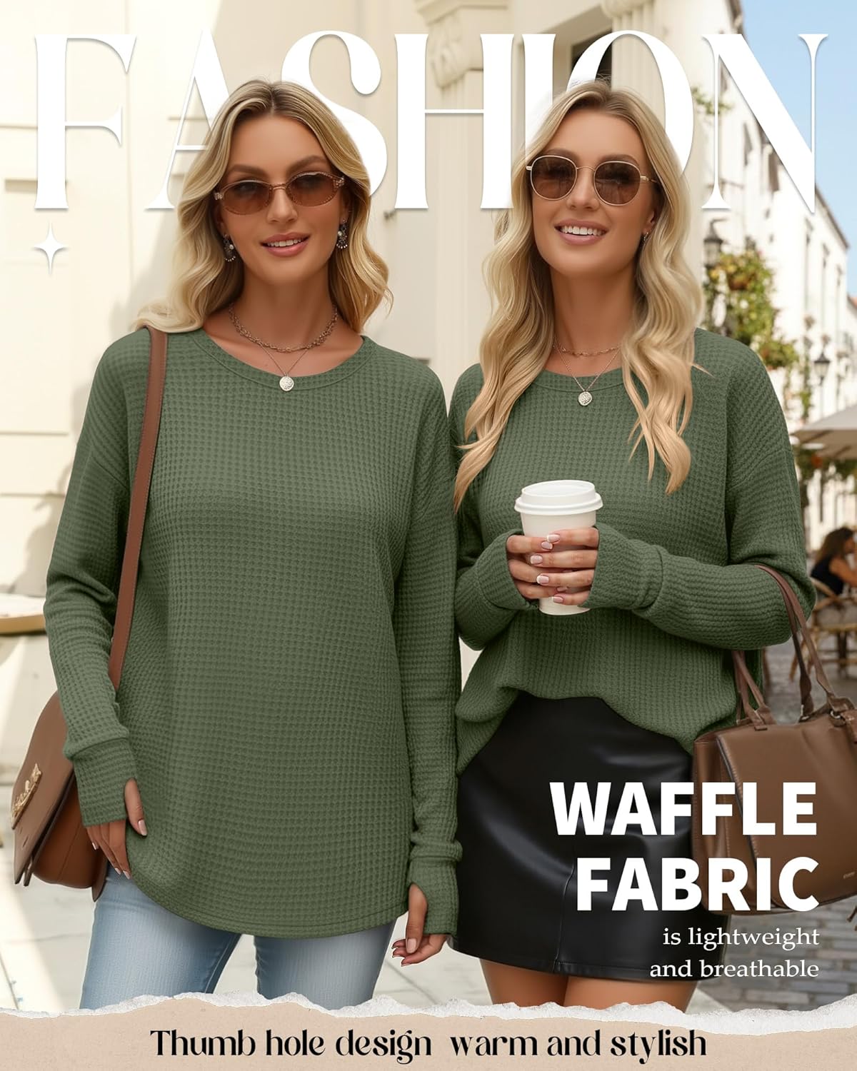 Women's Oversized Waffle Knit Tunic Tops, Long Sleeve Crew Neck Drop Shoulders Shirts with Thumb Hole Loose Blouse - Image 3