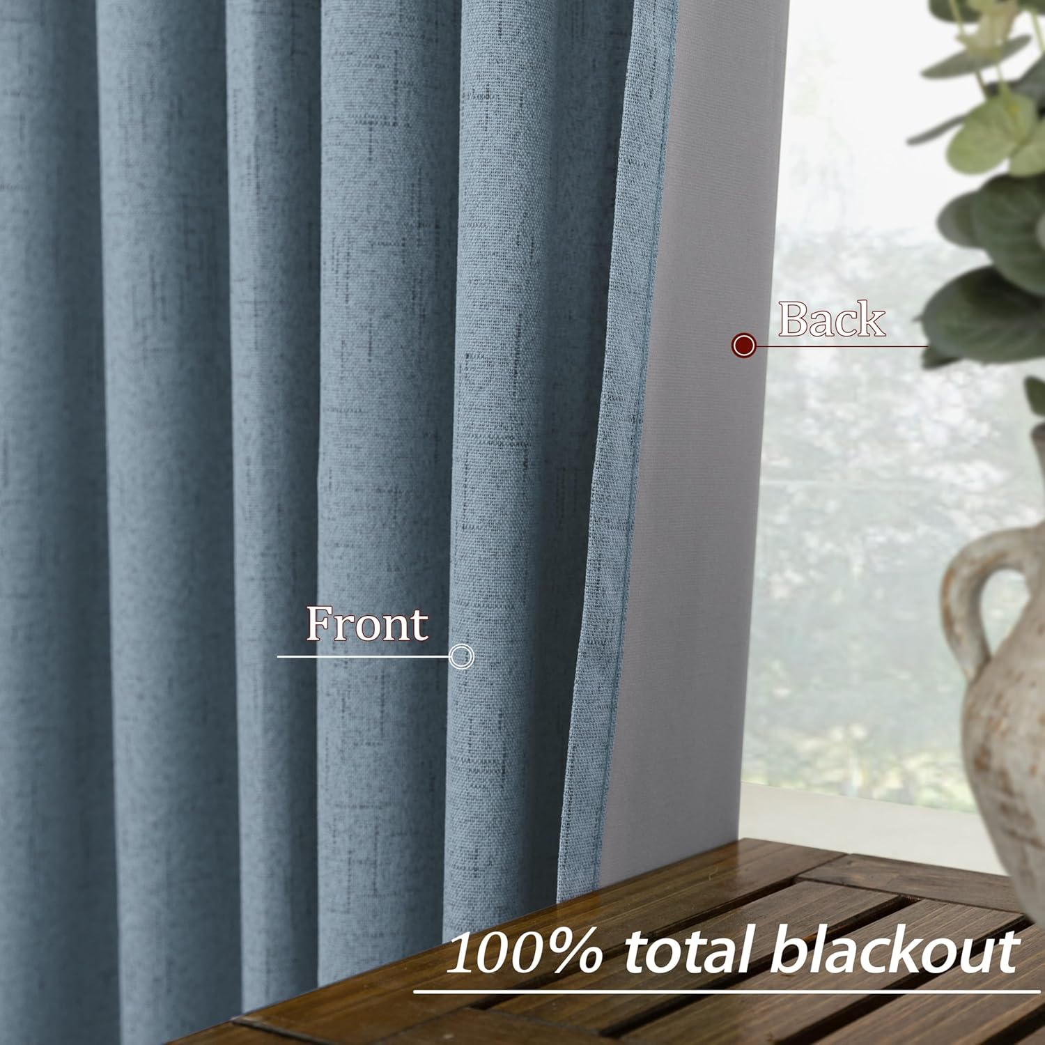KOUFALL Bathroom Curtains Window,Calming Coastal Dusty Blue Linen Blackout Short Curtains for Bedroom 45 Length