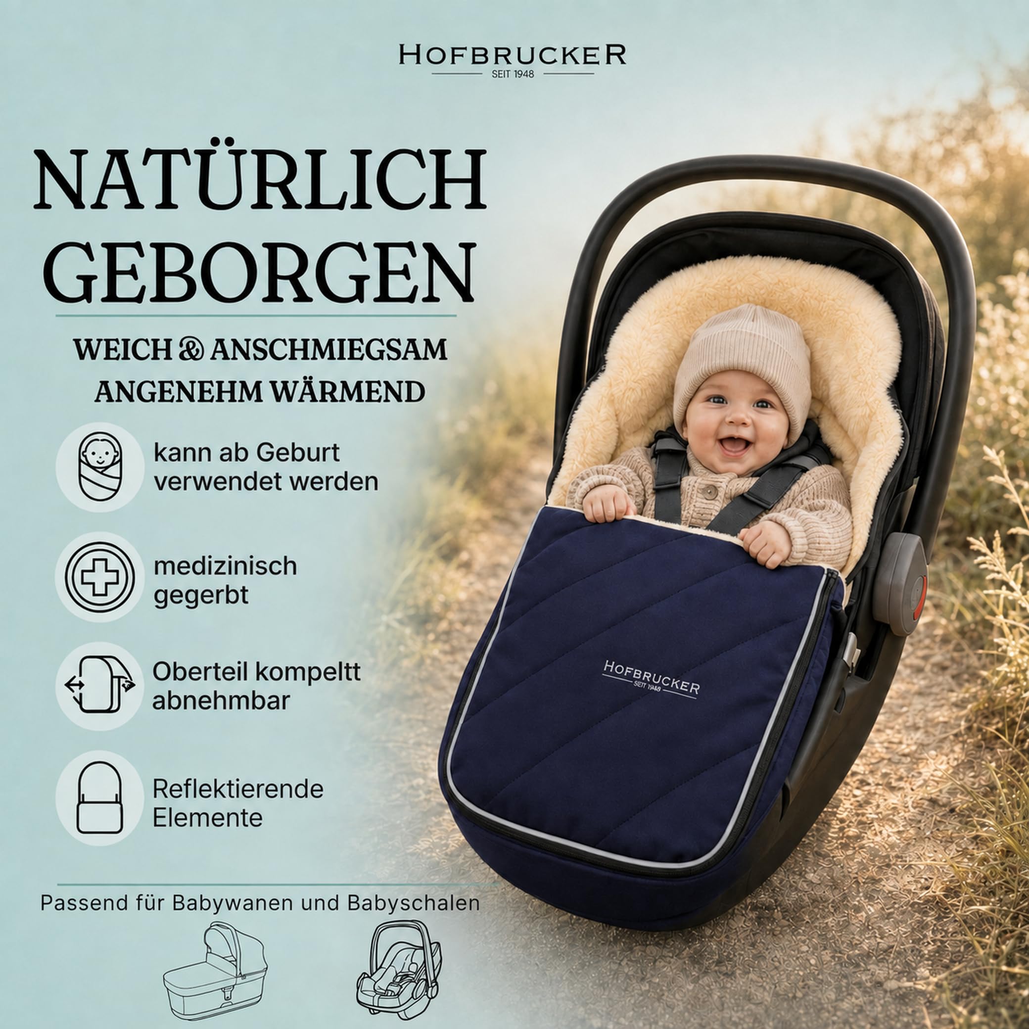 Hofbrucker® Sacco nanna per passeggino di alta qualità, per autunno/inverno/primavera in pelliccia di agnello, per passeggino e Maxi Cosi 0-10 mesi, con coperta rimovibile (blu navy)