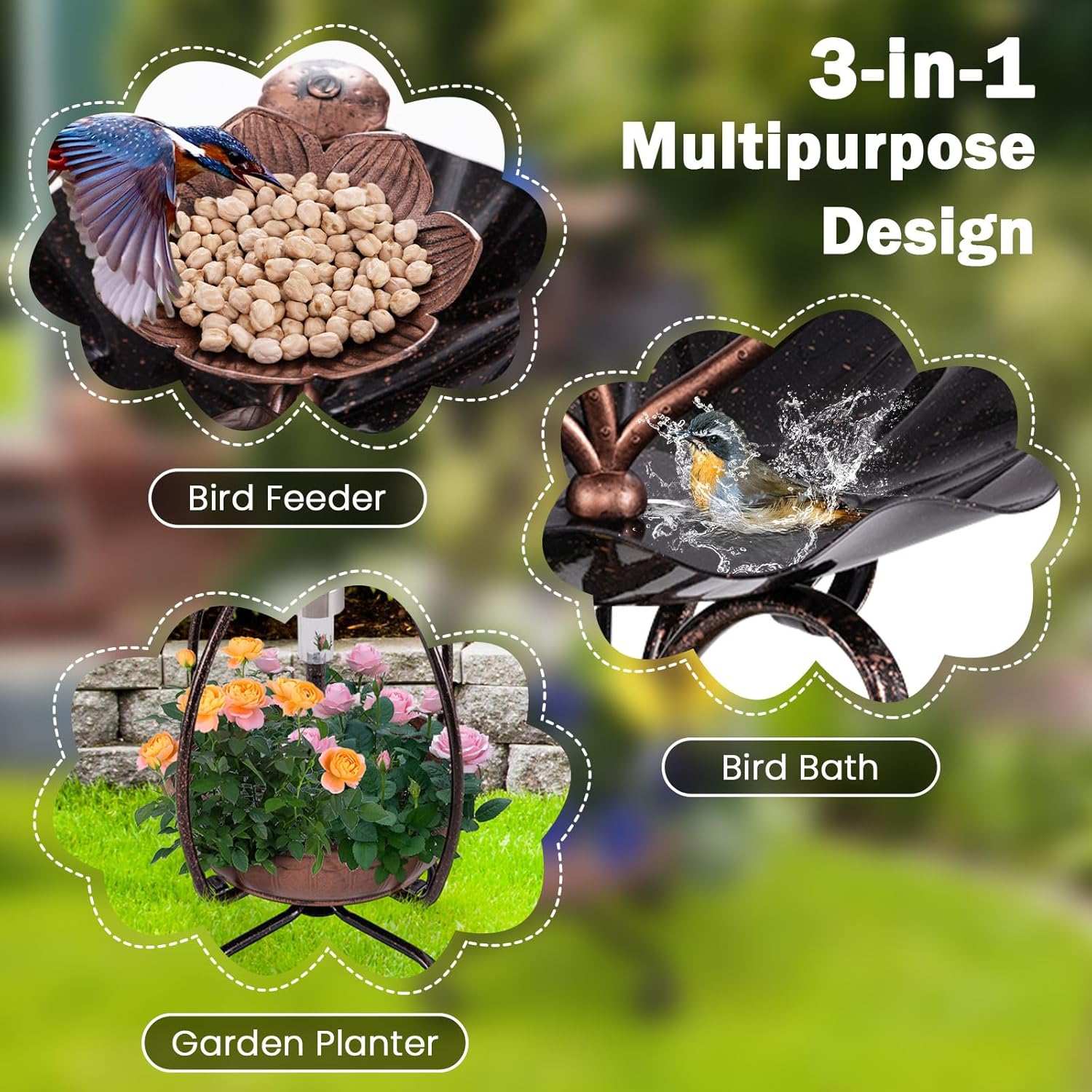 Giantex Bird Bath with Planter - Solar Lighted Bird Bath for Outside with Bird Feeder, Lotus Water Bowl for Bathing, Flower Planter with Drainage Holes, Standing Birdbath for Garden Yard (Bronze)