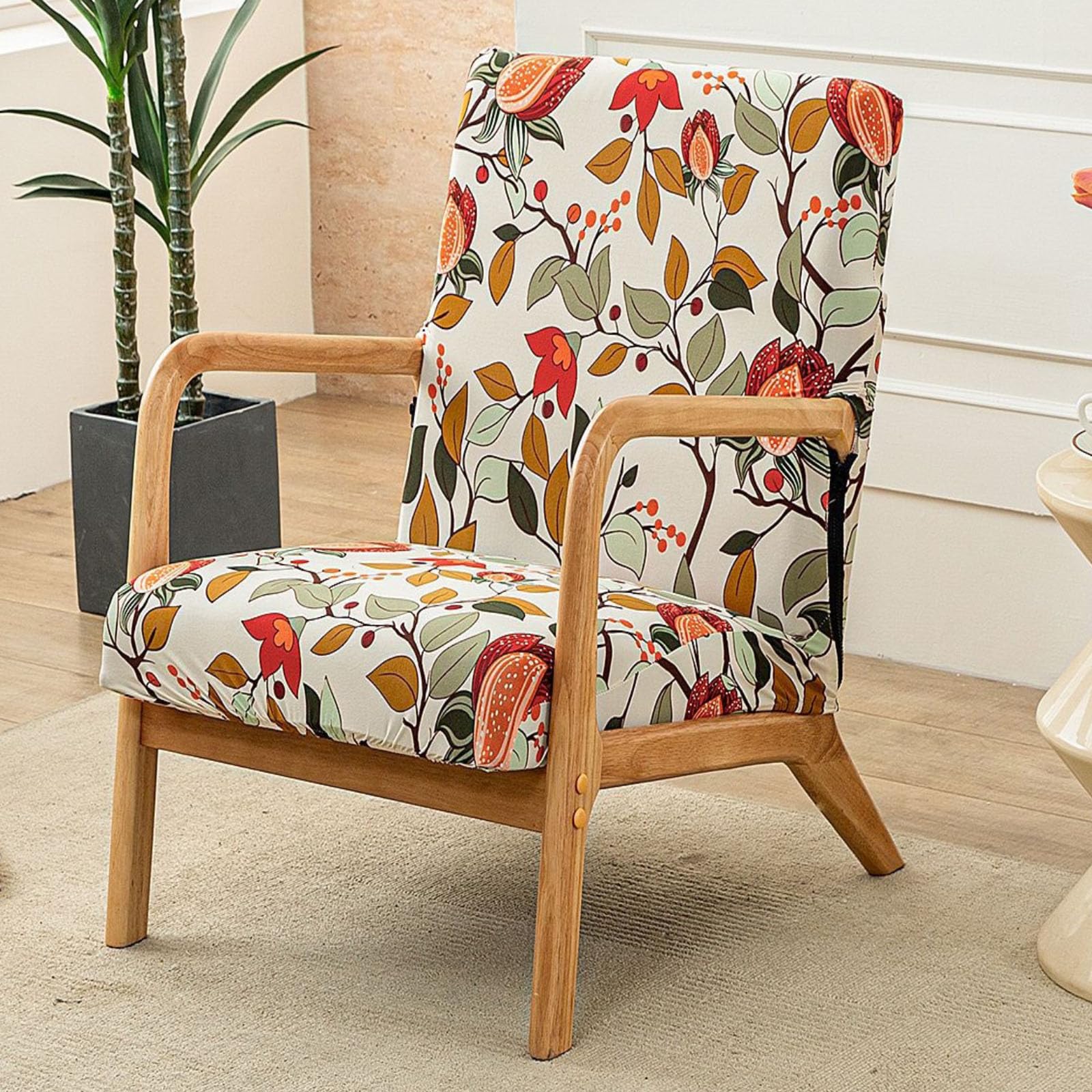 FANSU Stretch Arm Chair Covers for Mid Century Modern Upholstered Protector, 1 Seater Accent Chair Cover with Zipper Wooden Armchair Slipcover Elastic Furniture Protector, Nordic Plants (Branch)