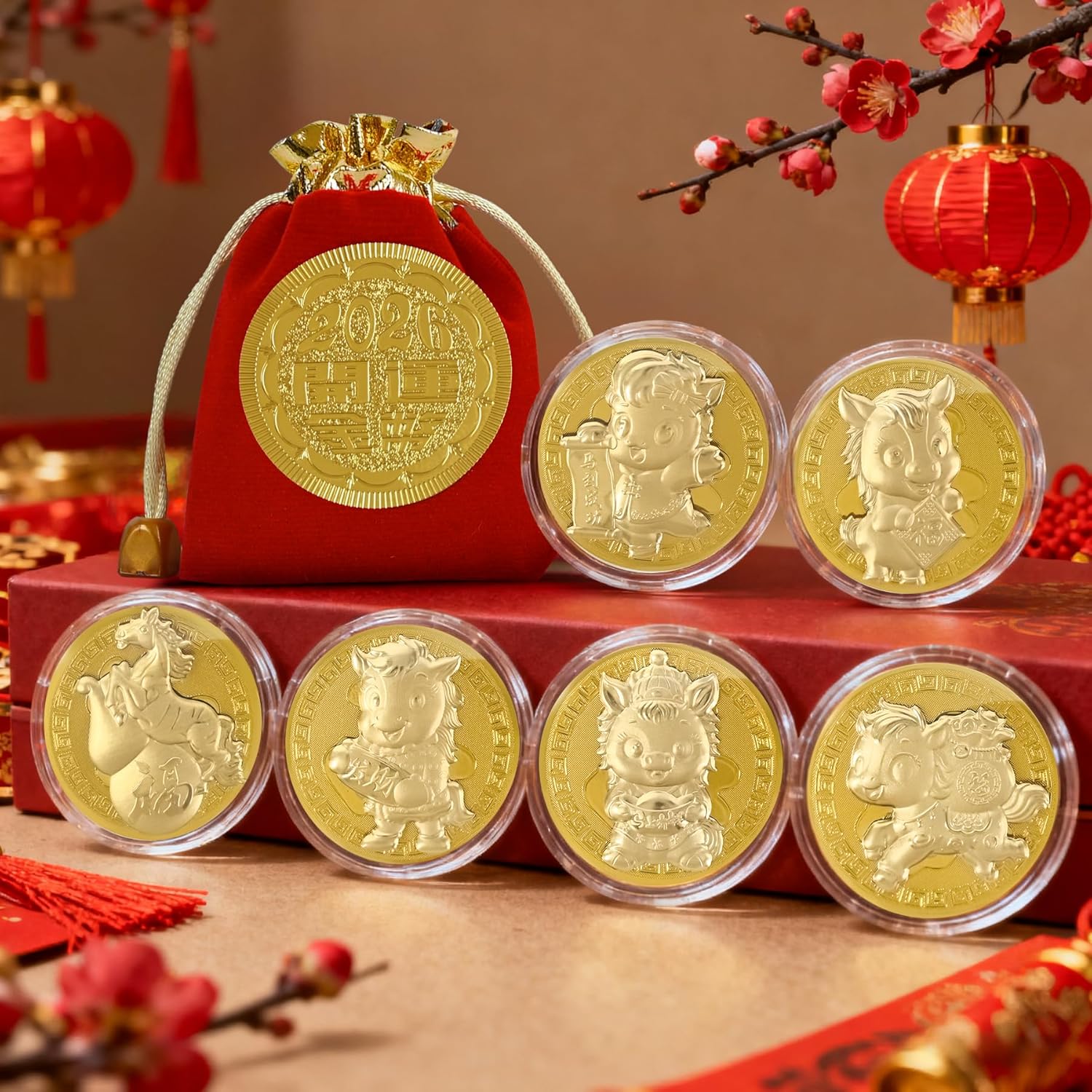 2026 Chinese New Year of Horse Decoration 18 Pcs 2026 Year of Horse Commemorative Coins Zodiac Souvenir Coin with Chinese Fu Bags Lunar New Year Present Lucky Gold Coins for Collection Souvenir