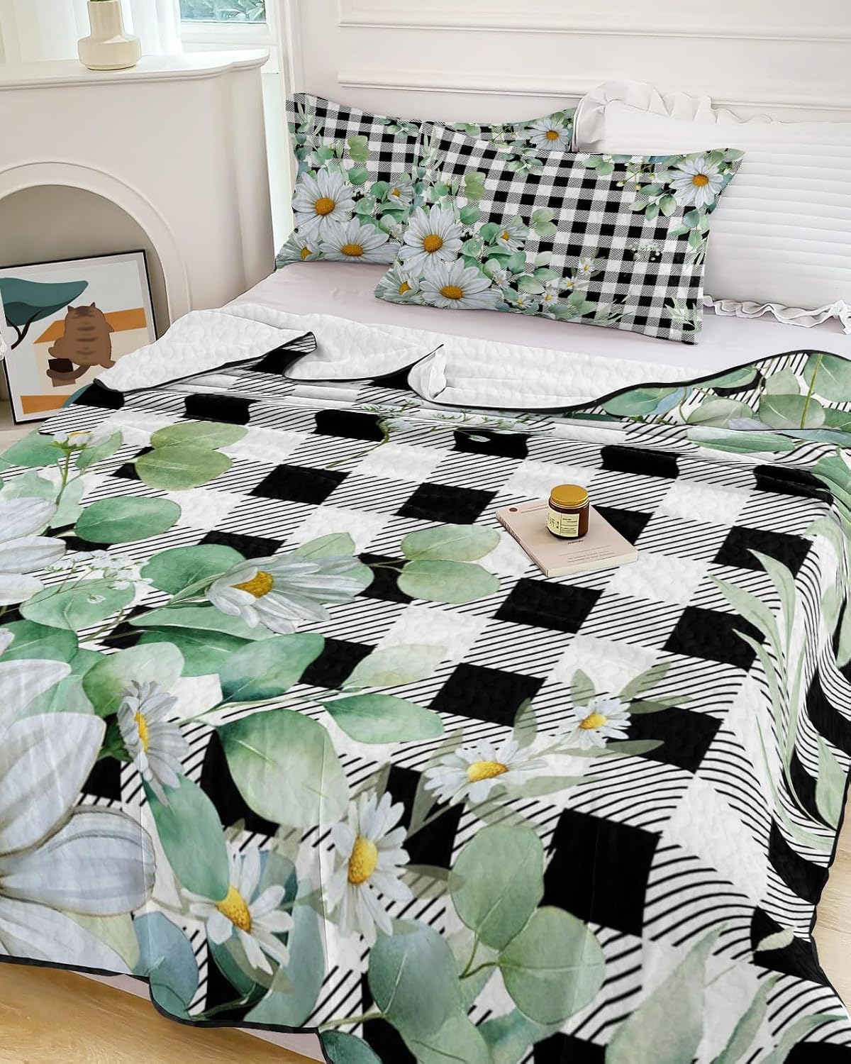 King Size Quilt Set, Rustic Flower Leaf Buffalo Plaid Lightweight Bedspread Coverlet Set Soft Microfiber Summer Quilt with 2 Pillow Shams, Daisy Floral Eucalyptus Leaf 3 Piece Comforter Bedding Set