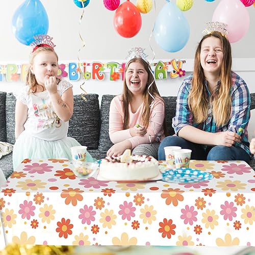 Miniatura 6 de Mantel desechable de 3 piezas de margaritas, 54 x 108 pulgadas, diseño hippie retro para cumpleaños, baby shower, suministros de fiesta de boda,