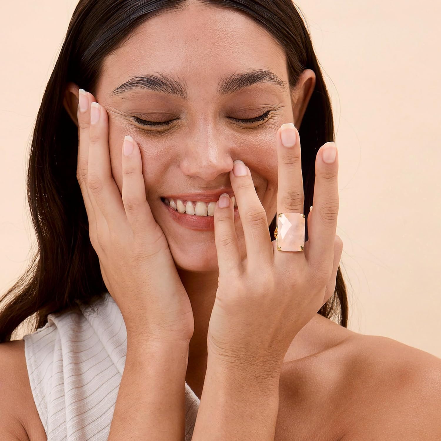 Rose Quartz Ring, Natural Rectangle Crystal Rings, Gold Plated Big Stone Jewelry Size 18 * 25MM Adjustable Rings for Women - Image 3