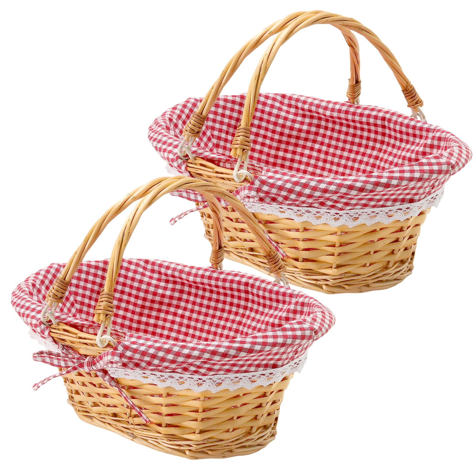 2 Stück Picknickkorb aus Weide, 33x23x12cm, Handgeflochtener Weidenkorb mit Henkel und Gingham Futter, Großer Geflochtener Korb für Obst, Einkaufen, Eiersammeln, Hochzeit und Picknick