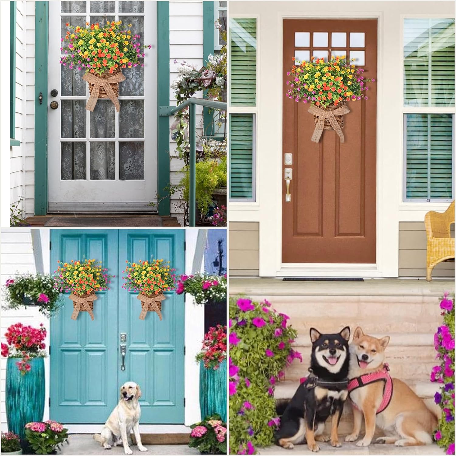 Dolicer Door Hanger Basket Wreath, 13.8 Inch Hanging Outdoor Artificial Flowers Front Door Wreath, Beautiful Spring Summer Wreaths for Front Door Welcome Sign Home Porch Courtyard Farmhouse Decor