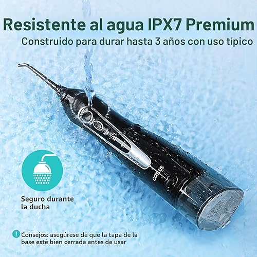 Miniatura 6 de COSLUS Hilo Dental de Agua: Irrigador Oral Portátil Inalámbrico 300ML Recargable Limpiador de Viaje IPX7 Impermeable Máquina de Hilo Dental