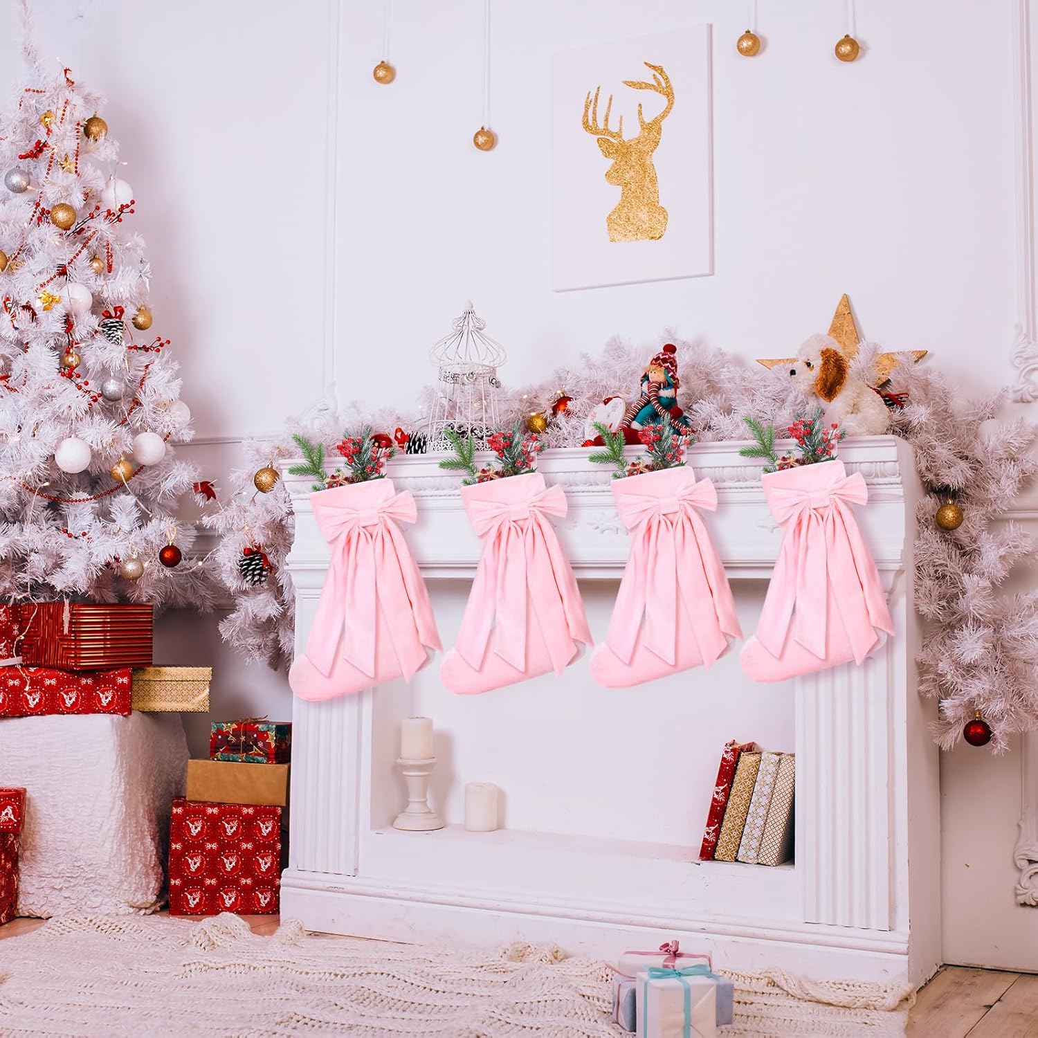 4 Pack 18 Inch Pink Velvet Christmas Stockings Large Coquette Bow Faux Fur Stockings Christmas Hanging Decoration Candy Gift Bags for Xmas Tree Fireplace Holiday Party Decor(Classic Style) - Image 4