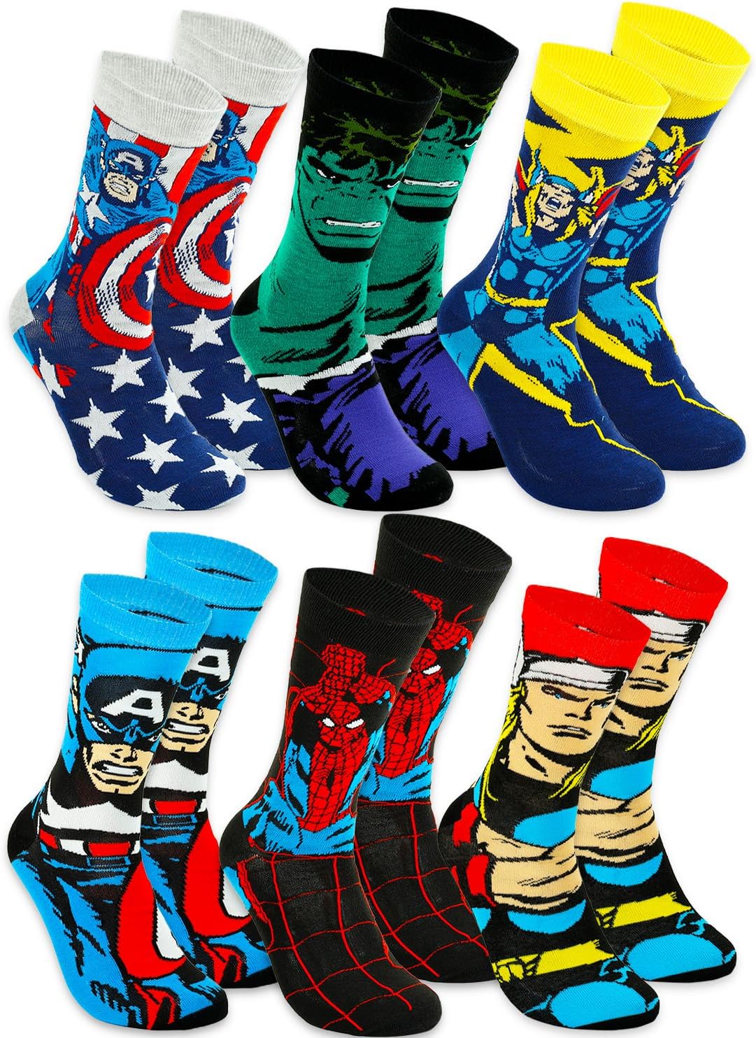 Marvel Avengers Socks for Men Set - Bundle with 6 Pairs of Crew Socks for Men Size 6-12 Featuring Captain America, Thor, More Plus Stickers | Avengers Apparel Gift Set