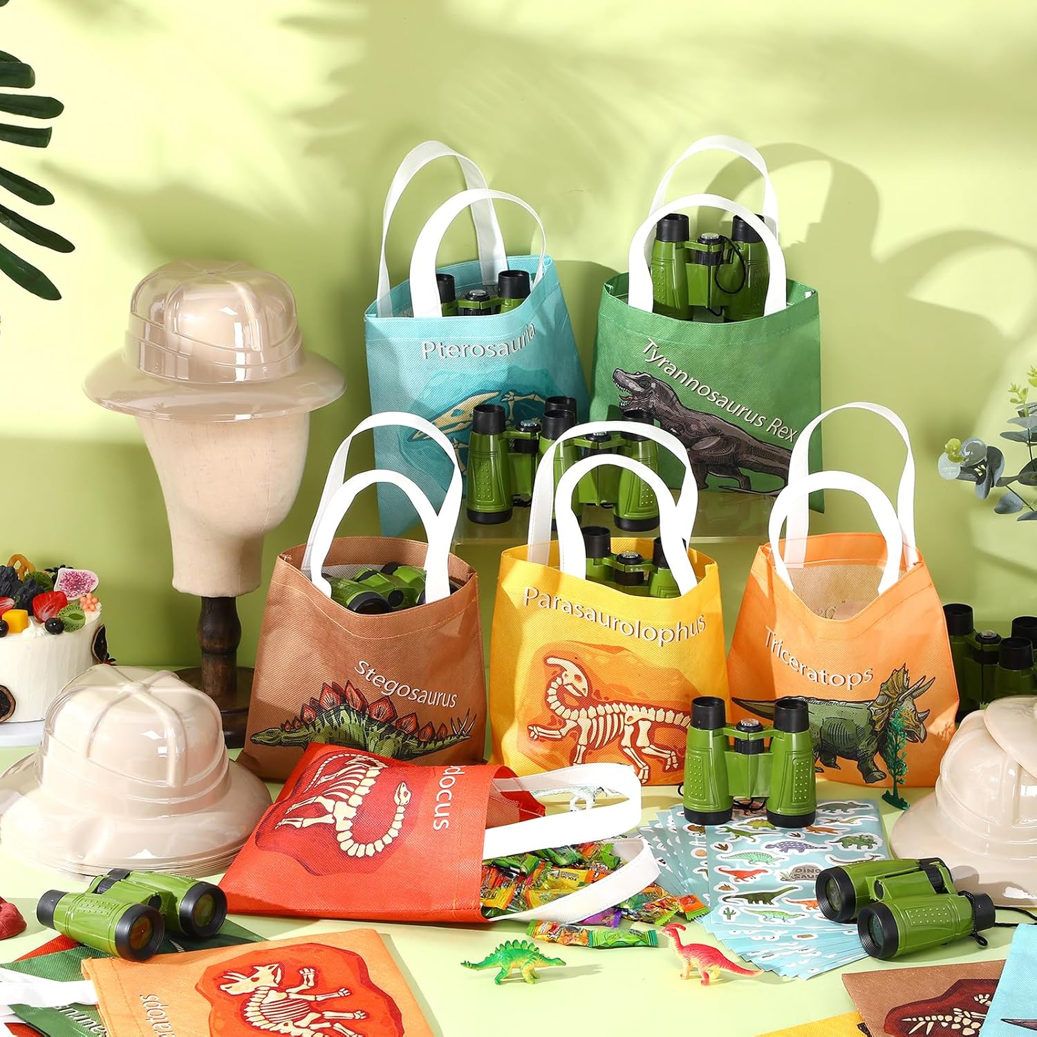 Haysandy 48 Pcs Kids Explorer Costume Set Include Plastic Kids Safari Hat Dinosaur Tote Bag Adventure Binoculars Dinosaur Stickers Jungle Party Supplies Favors for Outdoor Explorer Costume Activity