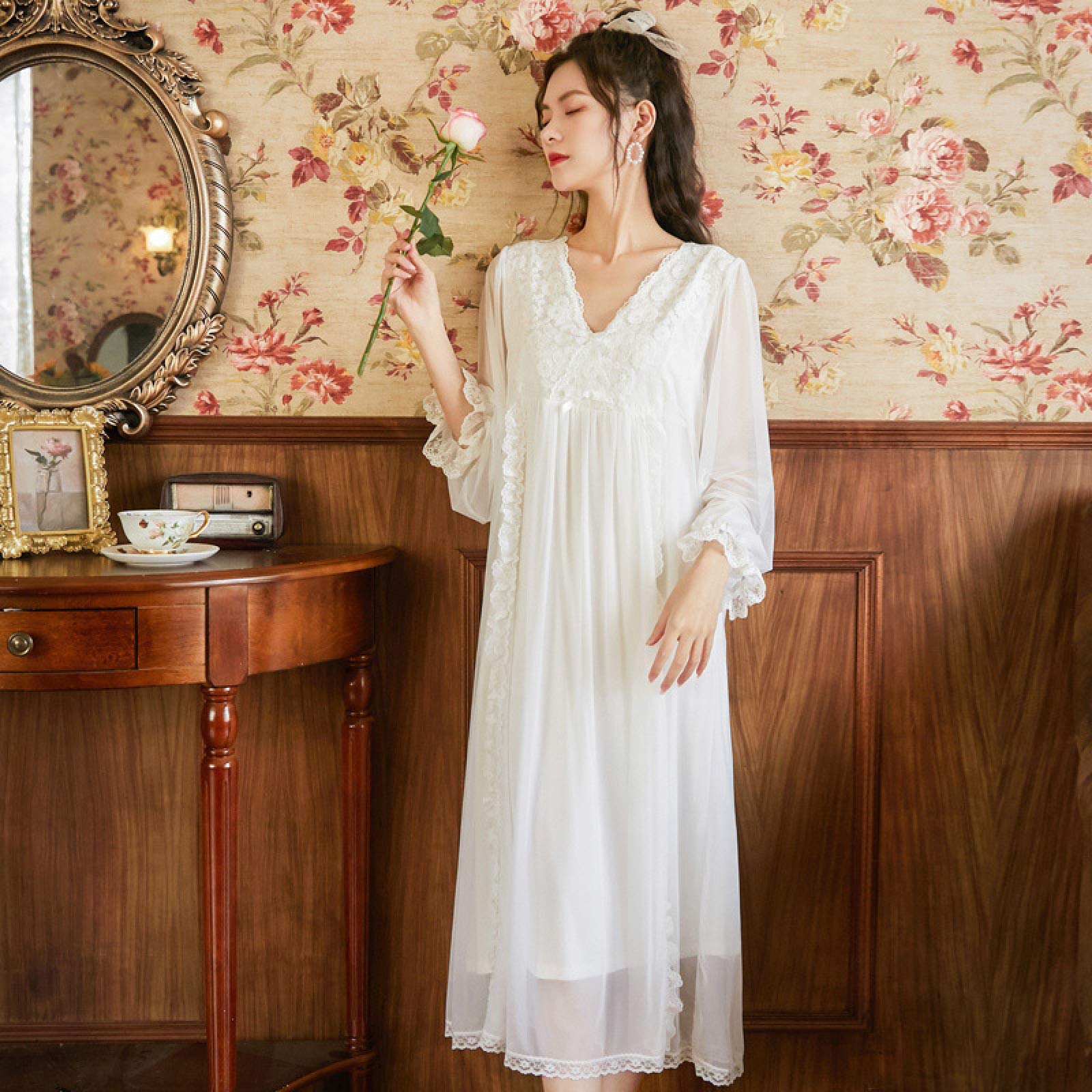 OFFSUM Camicia da Notte Donna - Camicia da Notte A V con Scollo A Tinta Unita Primavera Autunno Pizzo Camicia da Notte Dolce Principessa Palace Stile Pigiameria Ricamato Vestito
