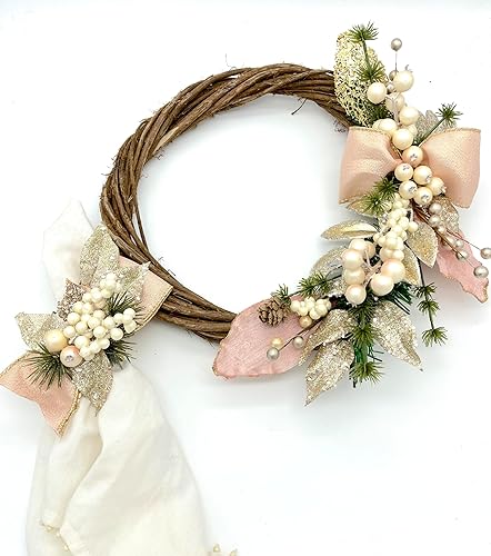 Miniatura 3 de Rose and Champagne Gold Christmas Holiday Wreath with Eucalyptus leaves, Branches and Gold Glitter Branches & Leaves on Pine Needle Wreath Base