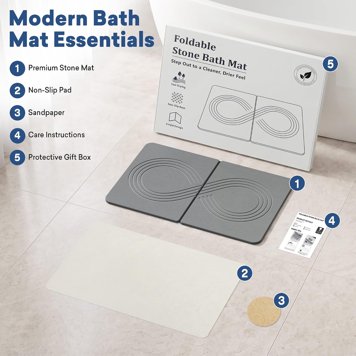 AWW Foldable Stone Bath Mat, Quick Dry Shower Mat, Infinity Groove, 2 Fold