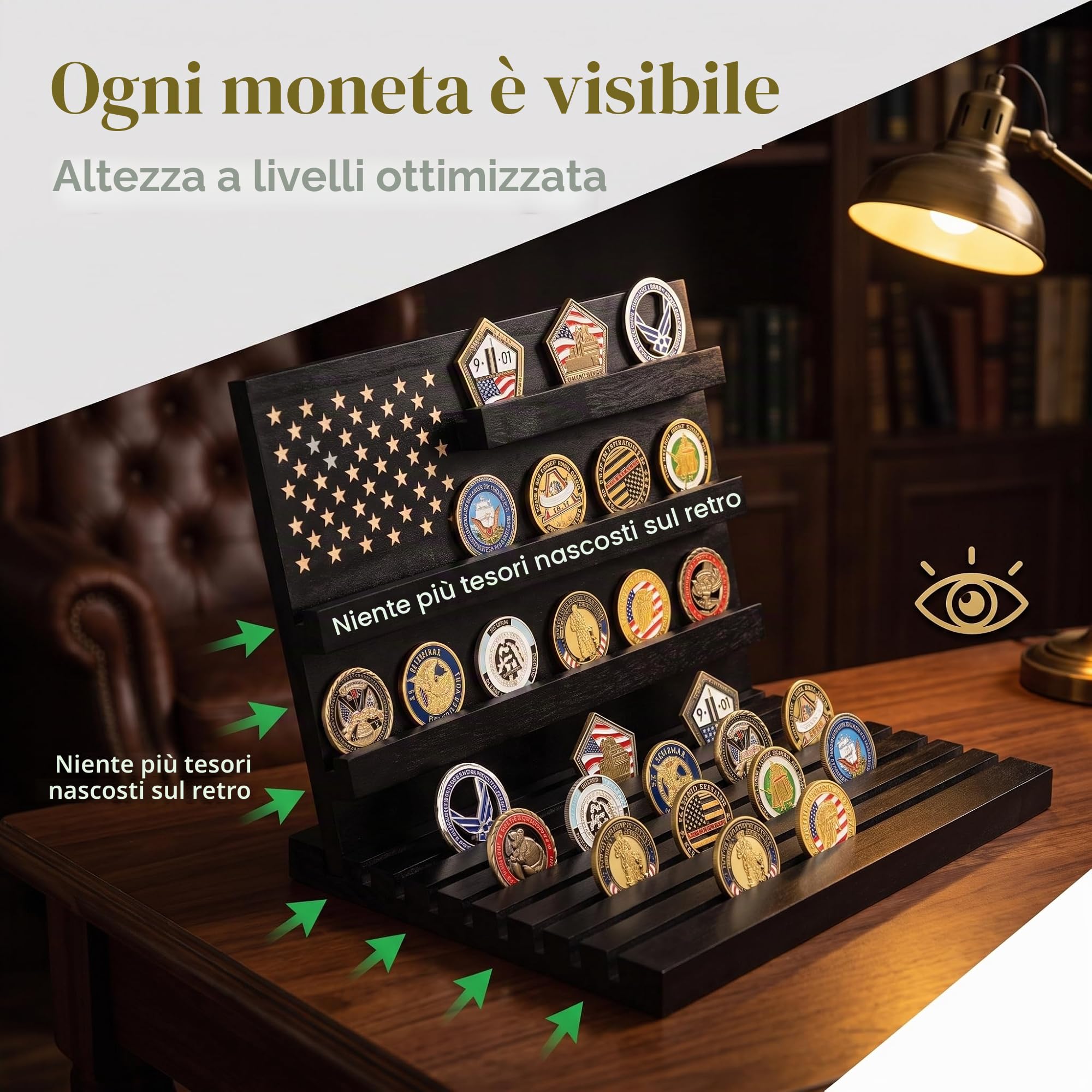 Porta Medaglie in Legno Massello, Espositore Inclinato per Medaglie e Monete da Collezione, Porta Monete da Collezione con Capacità 15-18 Oggett,Vetrinetta per Oggetti da Collezione