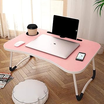 DERO Foldable Bed Study Table Portable Multifunction Laptop-Table Lapdesk for Children Bed Foldabe Table Work Office Home with Tablet Slot & Cup Holder Bed Study Table Brown Coloured (Pink)