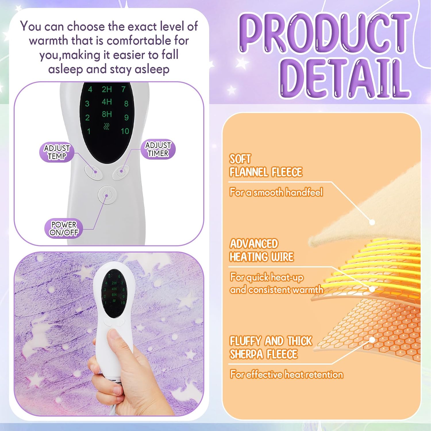 50"x60" Unicorn Kids Heated Blanket Girls Glow in The Dark Upgraded Children Heating Throw Electric Valentine's Birthday Gift with 10 Levels & 8 Hours Auto Off Etl Certified Machine Washable - Image 3