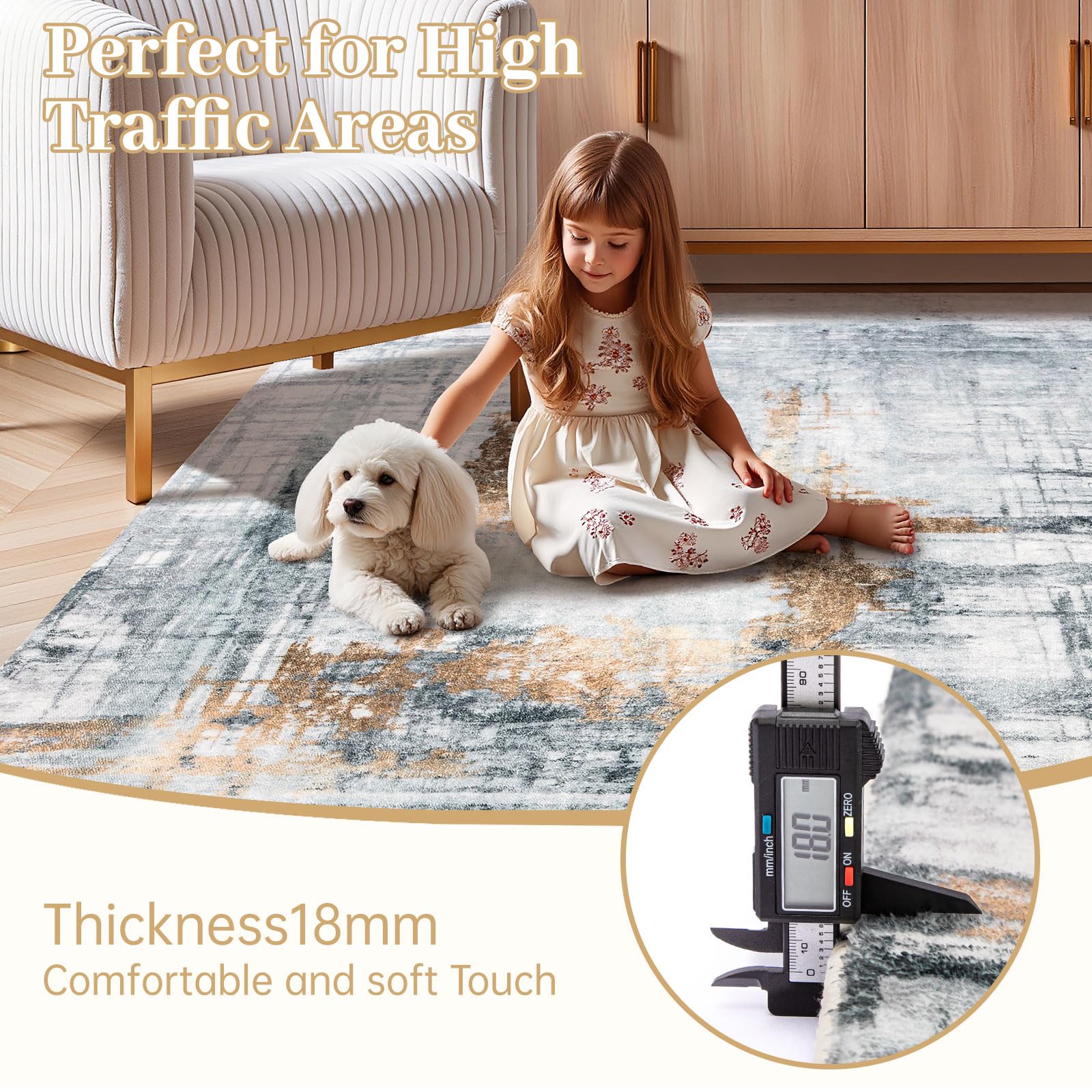 Tinyboy-hbq Tappeti dal design moderno per soggiorno, a pelo corto, per soggiorno, camera da letto, grigio (160 x 200cm, Grigio/Oro)