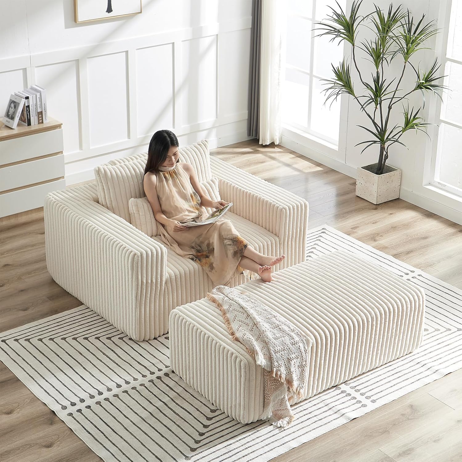 Oversized Chaise Longue Chair Indoor, Modern 55-inch Upholstered Corduroy Deep Seat Single Cloud Lounge Floor Sofa Couch with Movable Ottoman for Living Room, Bedroom Apartment, Beige