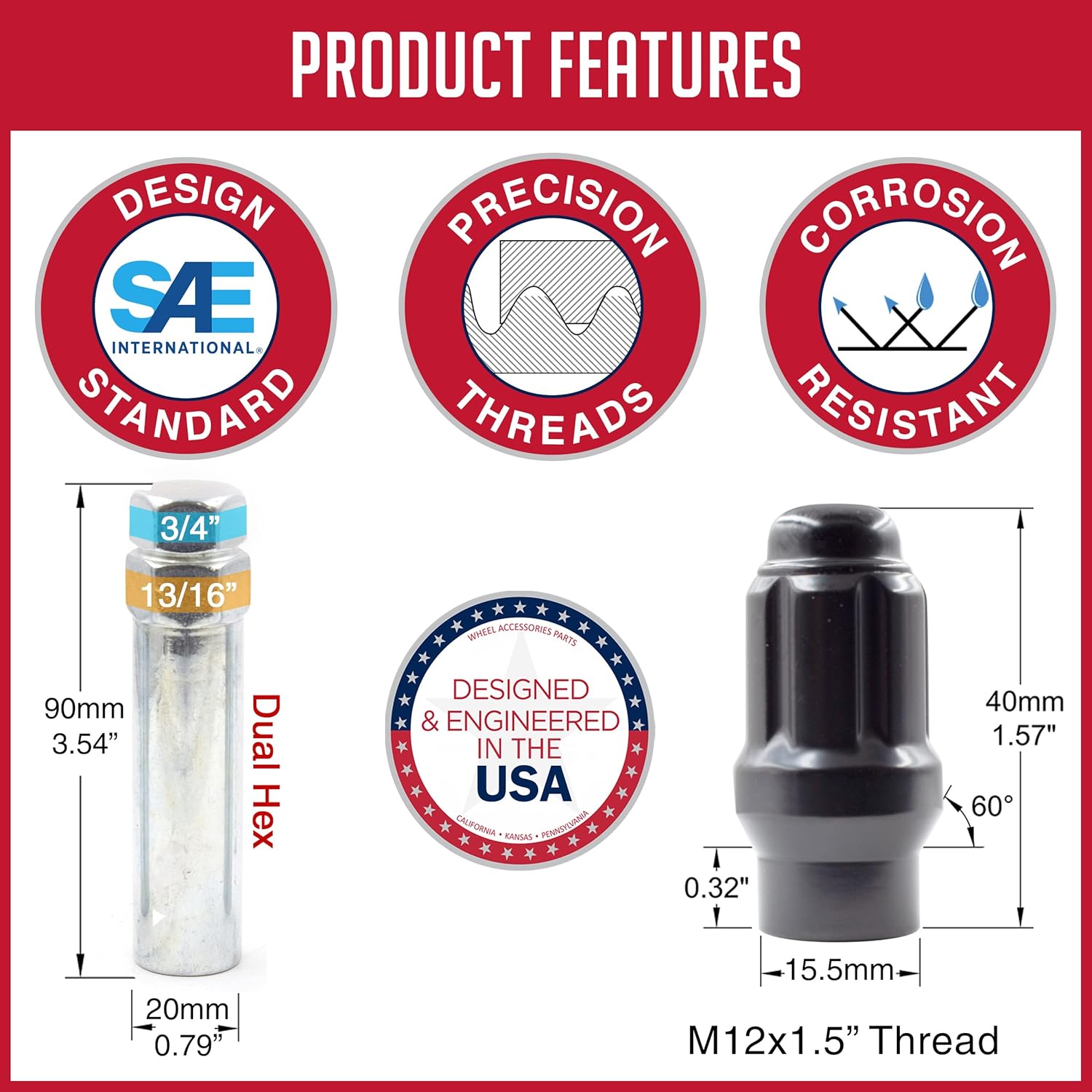 Wheel Accessories Parts 20 Pcs + Key M12x1.5 12x1.5 Thread ET Bulge Acorn (Extra Thread for Toyota) 1.57" Long Spline Lug Nuts Black Spline Hex Fits Most Toyota Passenger Cars