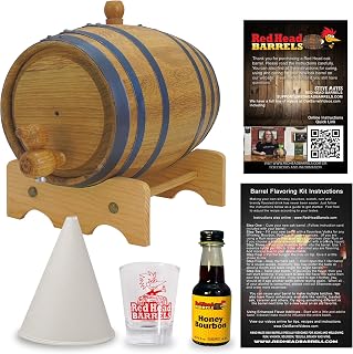 Red Head Barrels - 1 L Charred Oak Barrel Flavor Kit with Essence & Shot Glass for Customized Flavored Alcohol, Reusable Moonshine Wooden Barrel, Aging Barrel for Home Distilling (Honey Bourbon)
