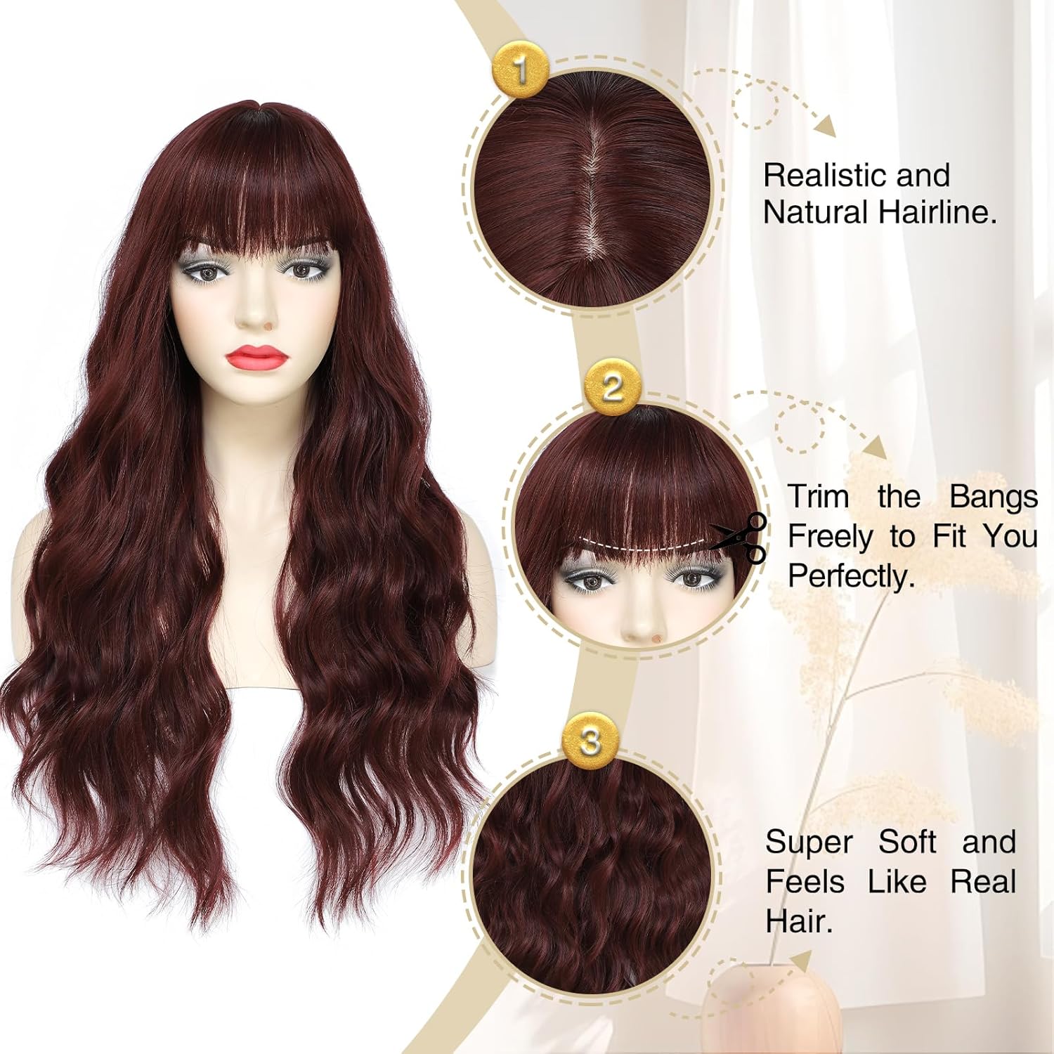 VERNA Wine Red Wig with Bangs, 26 Inch Long Red Wigs for Women, Natural Looking Burgundy Hair Wigs, Burgundy Curly Wavy wigs