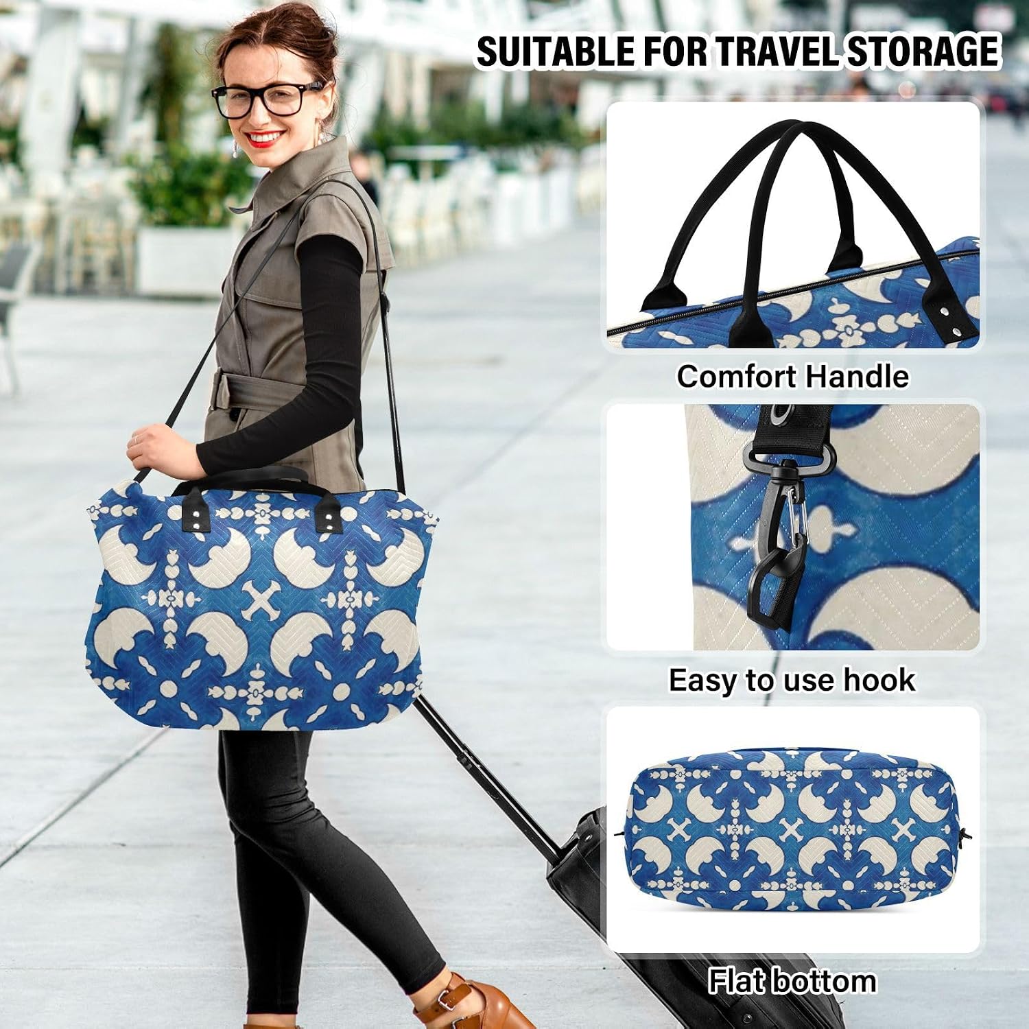 Vintage Blue Boho Texture Large Travel Bag Carry on Weekender Overnight Bag Gym Tote Bag with Toiletry Bag for Sports 2 Pcs Set