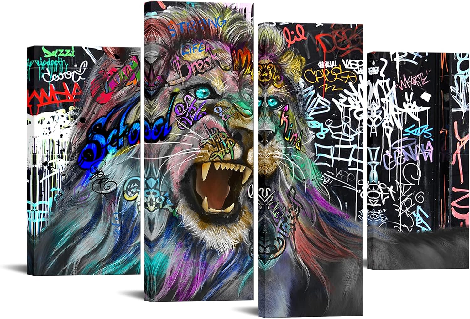 4 Panel Graffiti Animal Canvas Art Pictures Wall Decor The Lion King Abstract Artwork Black and White Framed Canvas Prints Painting Modern Street Art Home Decor