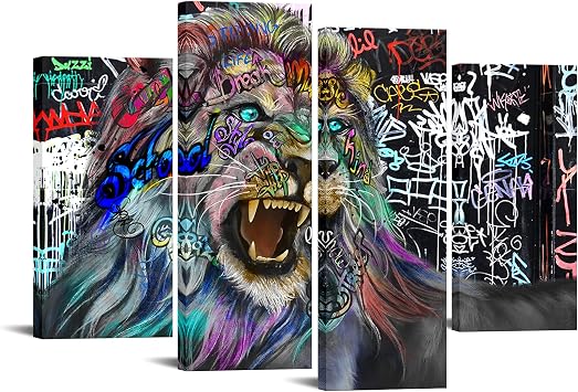 4 Panel Graffiti Animal Canvas Art Pictures Wall Decor The Lion King Abstract Artwork Black and White Framed Canvas Prints Painting Modern Street Art Home Decor