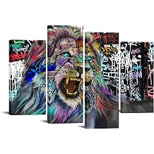 4 Panel Graffiti Animal Canvas Art Pictures Wall Decor The Lion King Abstract Artwork Black and White Framed Canvas Prints Painting Modern Street Art Home Decor