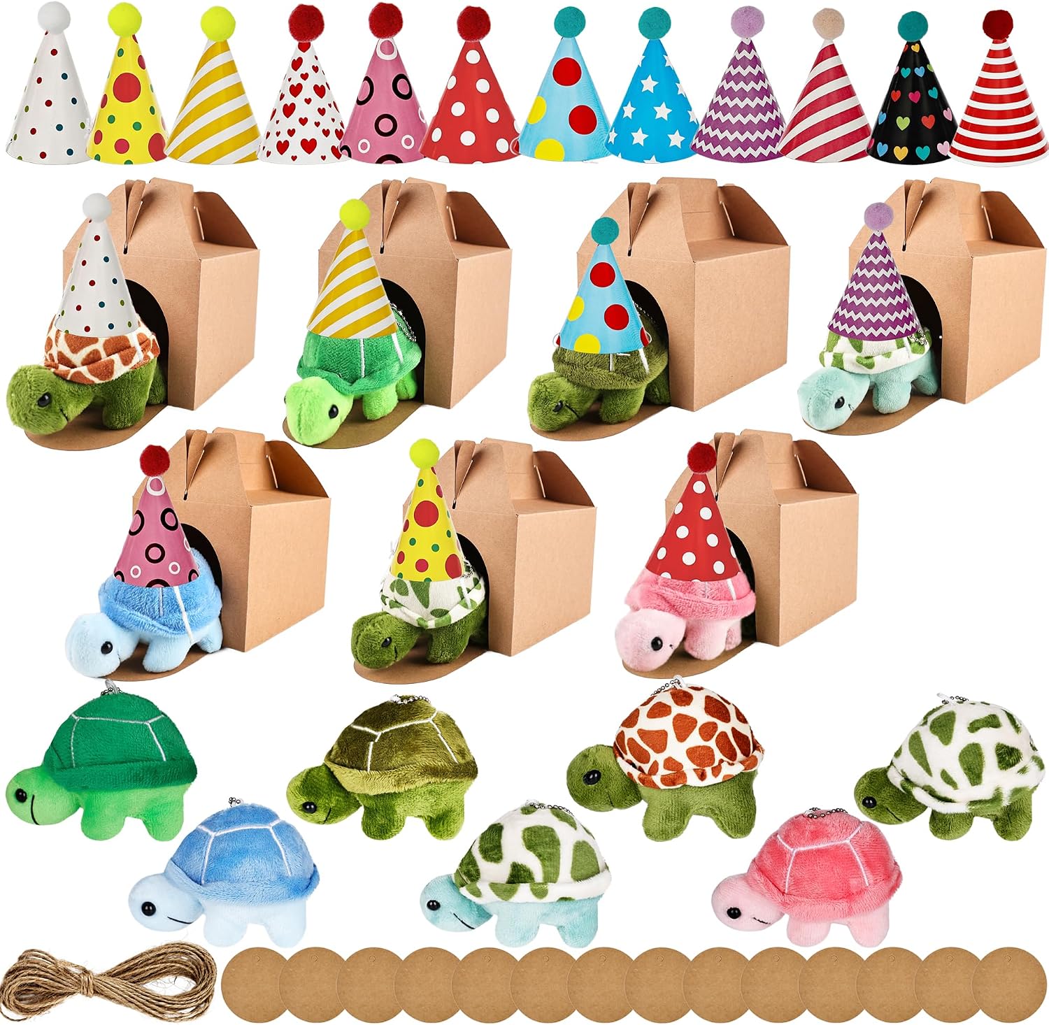 67 Pcs Turtle Party Favors Include 14 Mini Stuffed Turtle Animals Bulk 14 Boxes 14 Cards 24 Multicolor Hat and 5m Rope for Adopt an Ocean Animal Party Favors Birthday Gifts