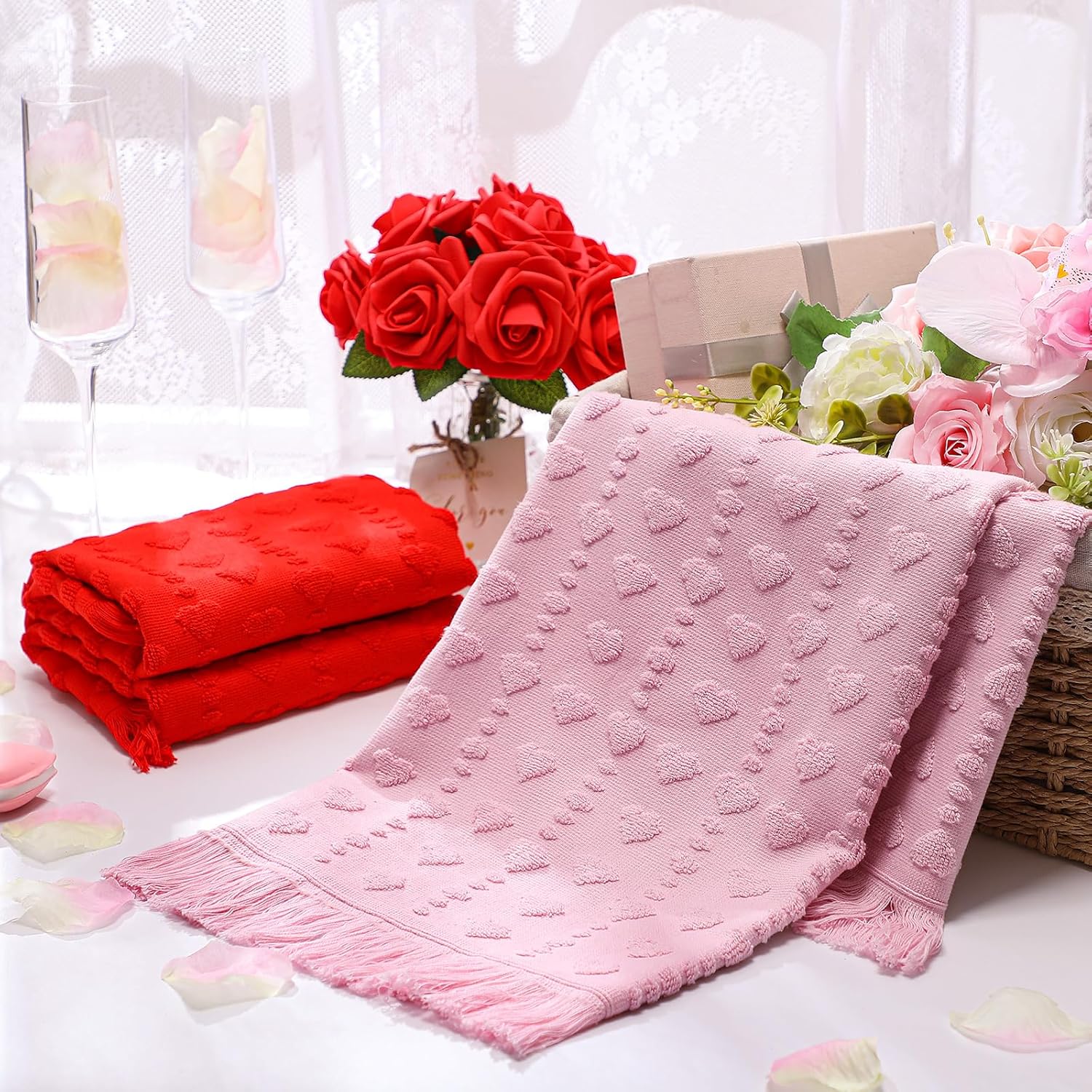 Peryiter 2 Pcs Valentine's Day 3D Heart Hand Towels with Tassel Valentines Decor 100% Cotton Red Pink Bathroom Towel Decorative Absorbent Bath Towel for Kitchen Drying Cleaning, 13.78 x 33.46 Inch - Image 4
