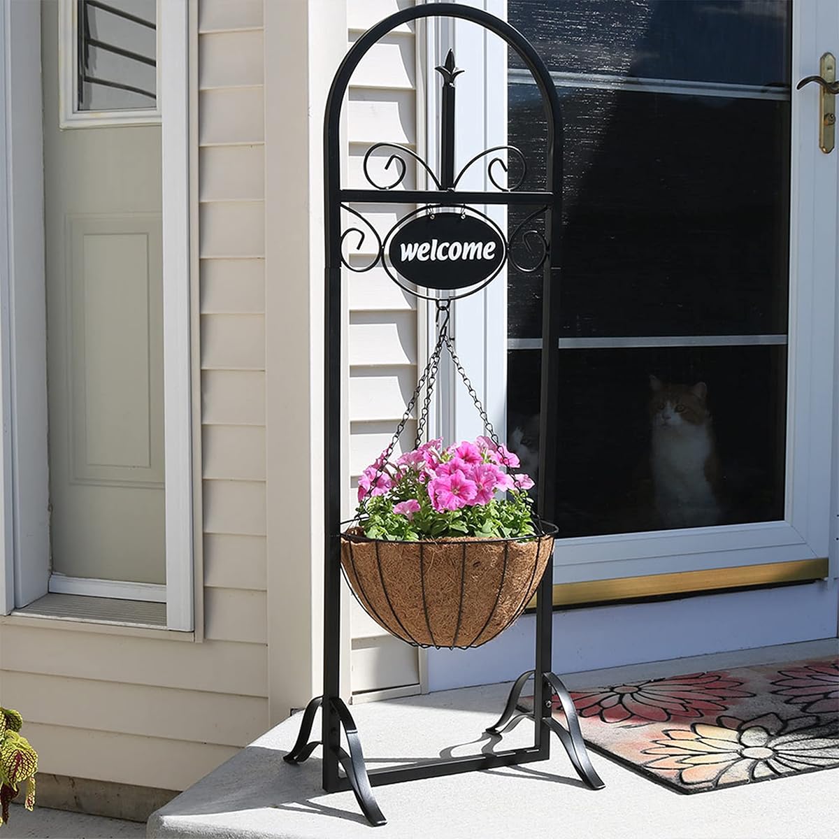 Sunnydaze Hanging Basket Planter Stand with Welcome Sign - 48-Inch Tall | Coco Liner Basket Included - Black Iron Construction - Indoor or Outdoor Use - For Front Porch, Patio, or Entryway