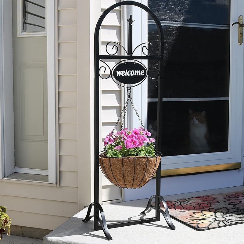 Sunnydaze Hanging Basket Planter Stand with Welcome Sign - 48-Inch Tall | Coco Liner Basket Included - Black Iron Construction - Indoor or Outdoor Use - For Front Porch, Patio, or Entryway