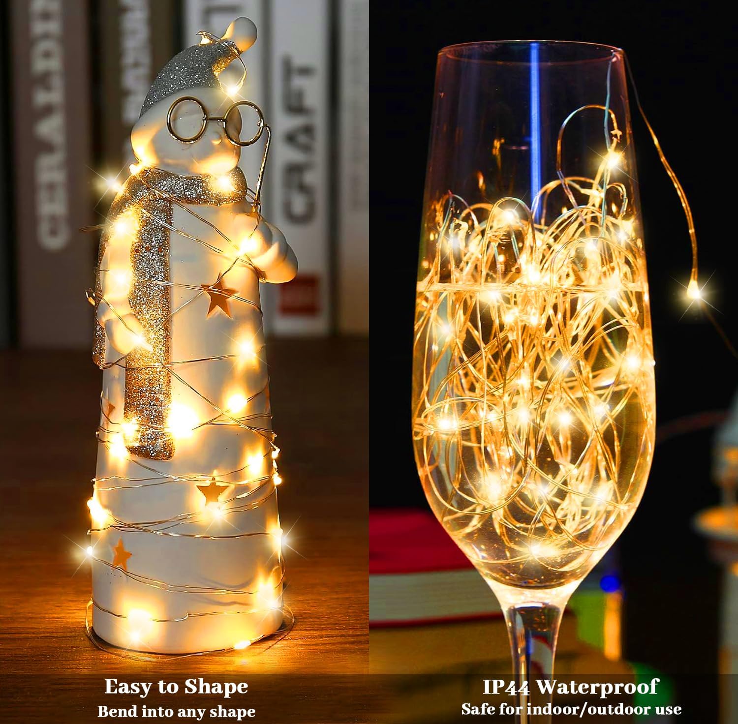 Fairy lights wrapped around a decorative snowman figure and coiled inside a wine glass, illustrating flexibility and waterproof feature.