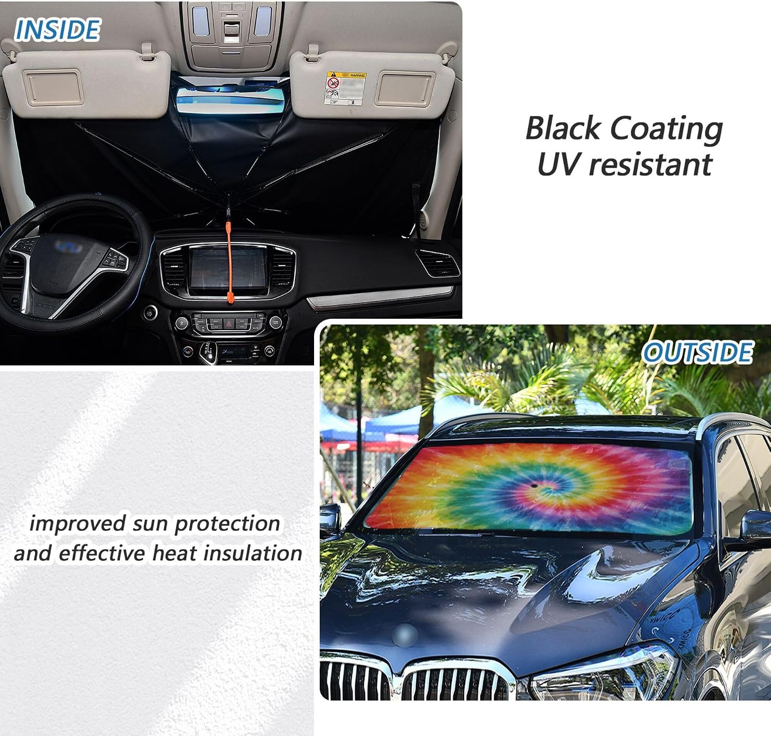 Car Umbrella Sun Shade Cover, Colorful Tie Dye Umbrella Sun Shade for Car Truck Window Front Windshield, Blocks UV Rays Sun Visor Protector Sun Heat Reflector to Keep Your Vehicle Cool