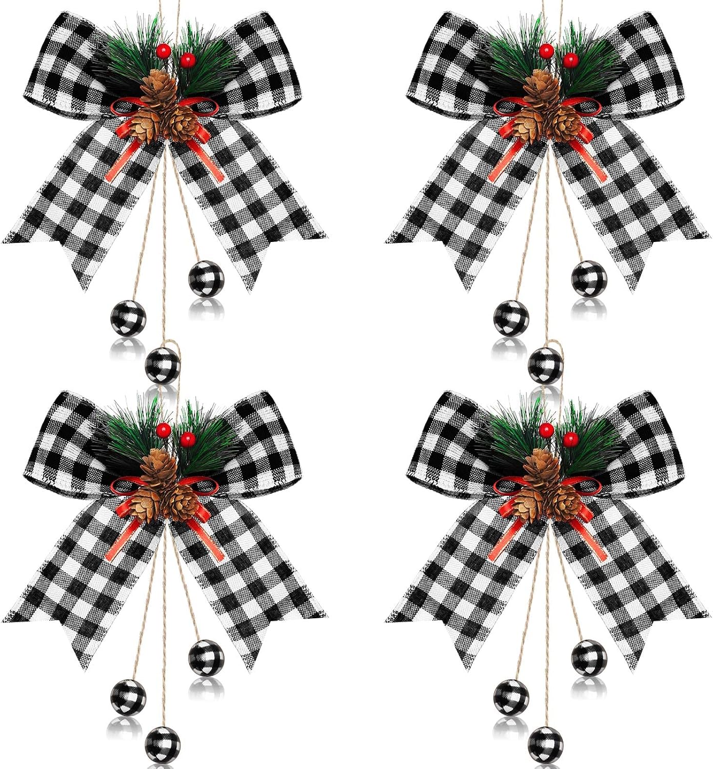 Xinnun 8 Pieces Christmas Buffalo Plaid Bows with Pine Cones Pine Needles Xmas Plaid Bow Ribbon Christmas Tree Wreath Decoration for Holiday Parties DIY Crafts Home Decor Indoor Outdoor (Red,Black)