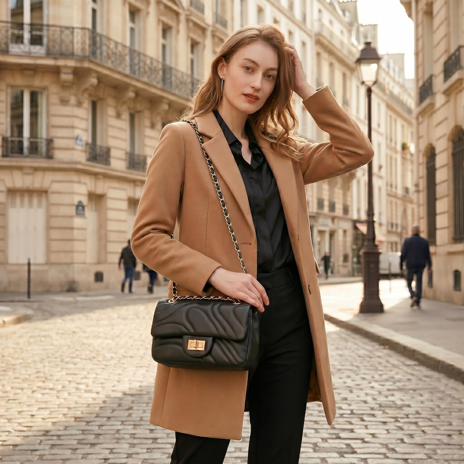 Quilted Leather Crossbody Bags for Women,Small Soft Lambskin Wavy Adjustable Double Chain Strap Shoulder Bag | Quilted, Leather, Soft, Lambskin, Adjustable, Double Chain Strap
