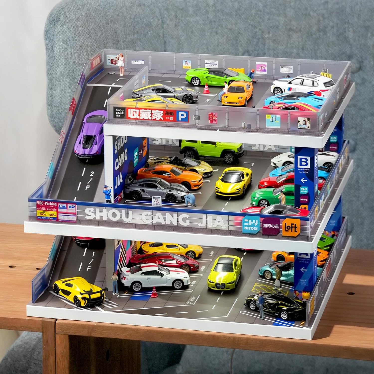 1:64 Scale Garage-Style Die-Cast Car Display Stand & Storage Box Compatible for Hot Wheels, Matchbox, and Similar Models (Japanese-Style Scene) (Blue)