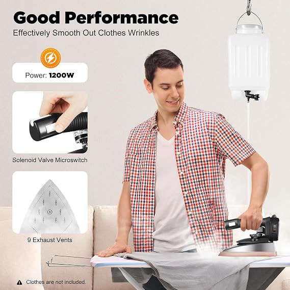 1200w Steam Iron for Clothes, Professional Steamer for Clothes 9 Exhaust Ports Hanging Water Tank (0.79 Gal) Adjustable Temperature 2 Purposes (Dry-Clean and Iron)