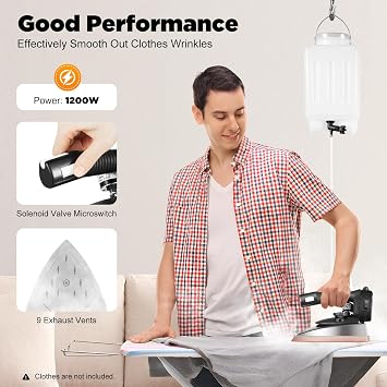 1200w Steam Iron for Clothes, Professional Steamer for Clothes 9 Exhaust Ports Hanging Water Tank (0.79 Gal) Adjustable Temperature 2 Purposes (Dry-Clean and Iron)