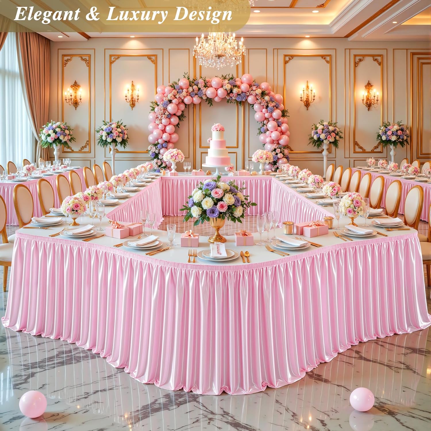 17Ft Baby Pink Satin Table Skirt for Rectangle or Round Tables, Wrinkle-Free & Ruffle Pleated Teacher Desk Skirt Sparkly Spandex Table Skirting for Home Office & Kitchen, Trade Shows, Wedding Party