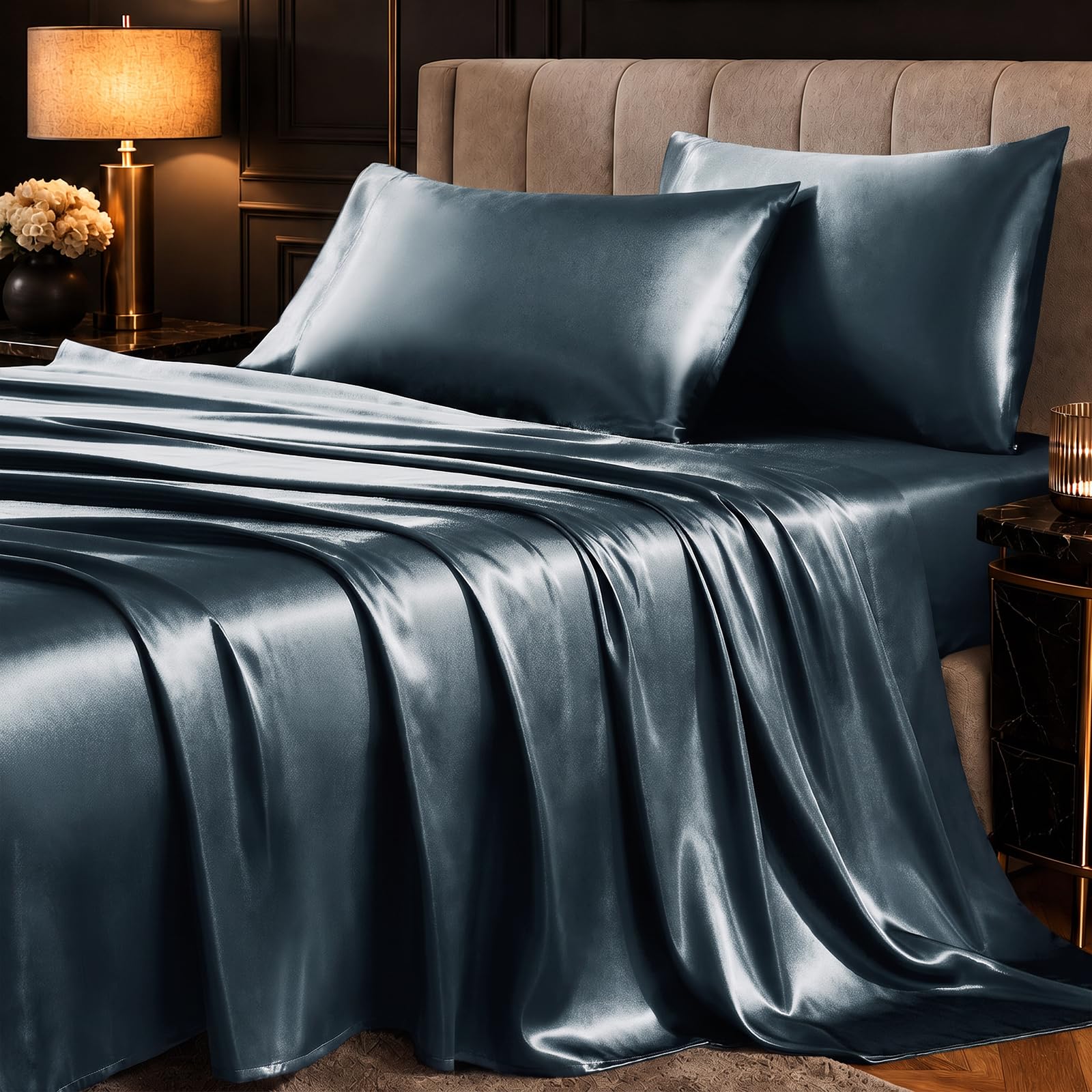 CozyLux Satin Sheets Full, 4-Piece 14-Inch Deep Pocket Sheet Set
