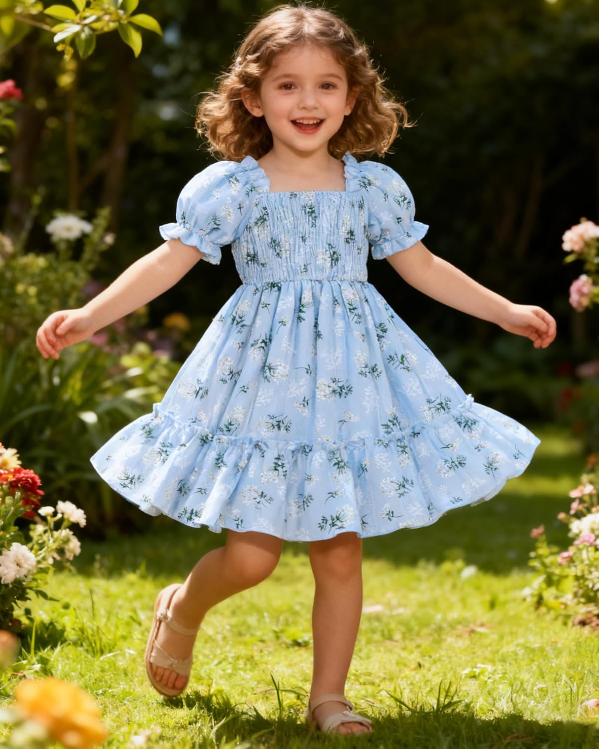 YALLET Casual Girls Dresses Puff Sleeve Floral Print Smocked Toddler Dress with Back Adjustment Rope for Daily Play Holidays - Image 2