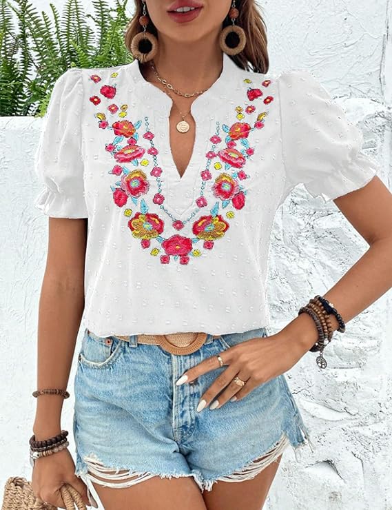 ZILIN Women's Casual Floral Embroidered V Neck Boho Short Puff Sleeve Shirts Loose Summer Blouses Tops Fashion Clothes 2026