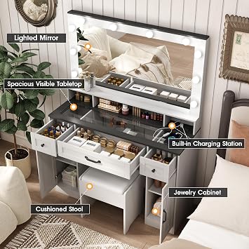 Vabches Vanity Desk with Mirror and Lights,Glass Top,Makeup Vanity Table Set with Stool,Charging Station and 3 Lighting Modes,2 Cabinets 4 Drawers Dressing Table,White