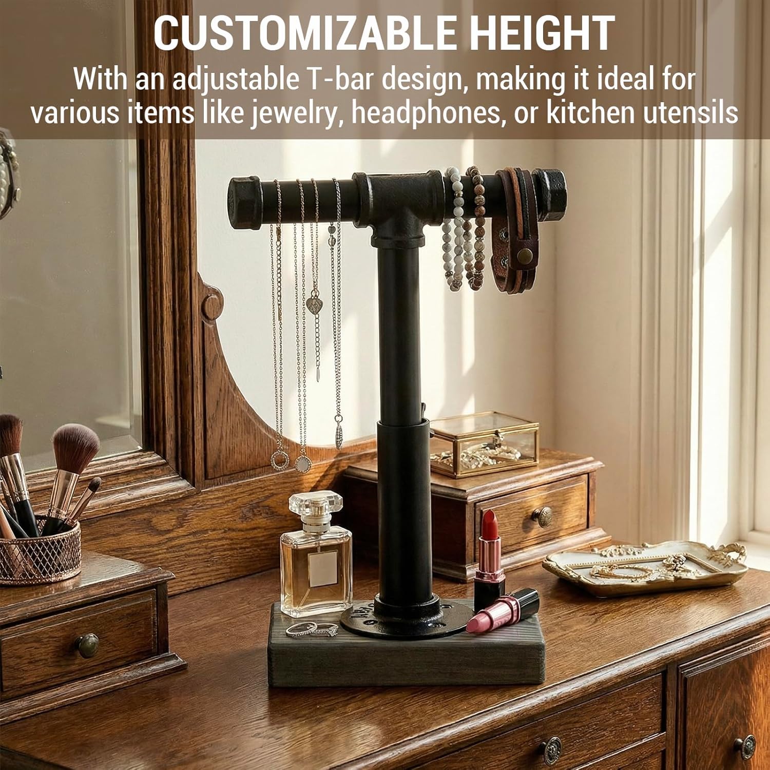 MyGift Adjustable Height Industrial Pipe Organizer Stand - Rustic T-Bar for Jewelry, Headphones, Medals, Kitchen Utensils & Display, Gray Wood Base (Black/Gray, Country Style)